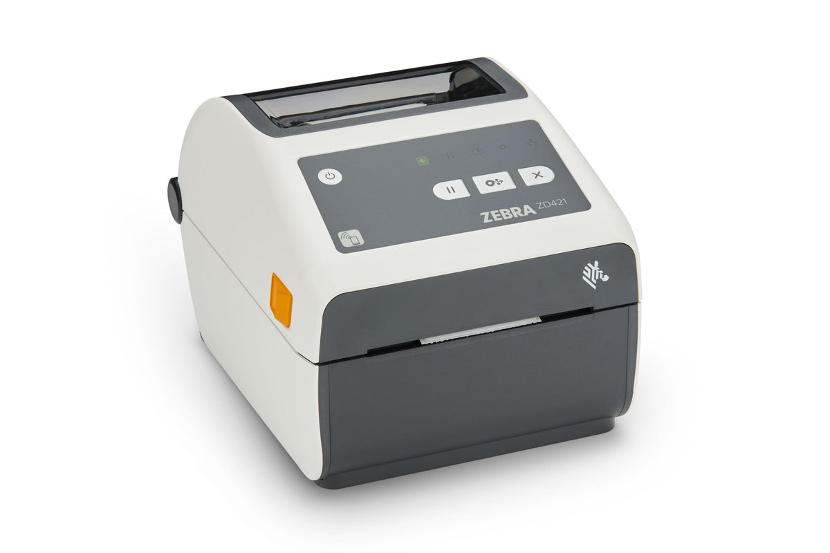 Zebra ZD421d-HC healthcare desktop label printer, white, 300 dpi, USB + Ethernet (ZD4AH43-D0EE00EZ) – front view