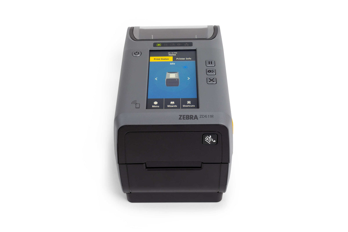 Zebra ZD611t 2-inch thermal transfer desktop label printer, dark grey, 300 dpi, peeler, USB + Ethernet (ZD6A123-T1EE00EZ) – colour display front view