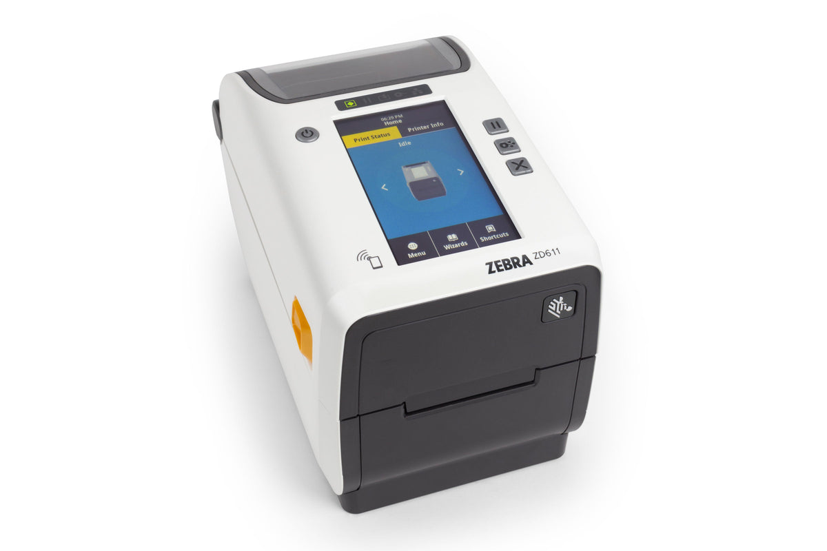 Zebra ZD611t-HC 2-inch thermal transfer healthcare desktop label printer, white, 203 dpi, tear-off, USB + Ethernet (ZD6AH22-T0EE00EZ) – front view