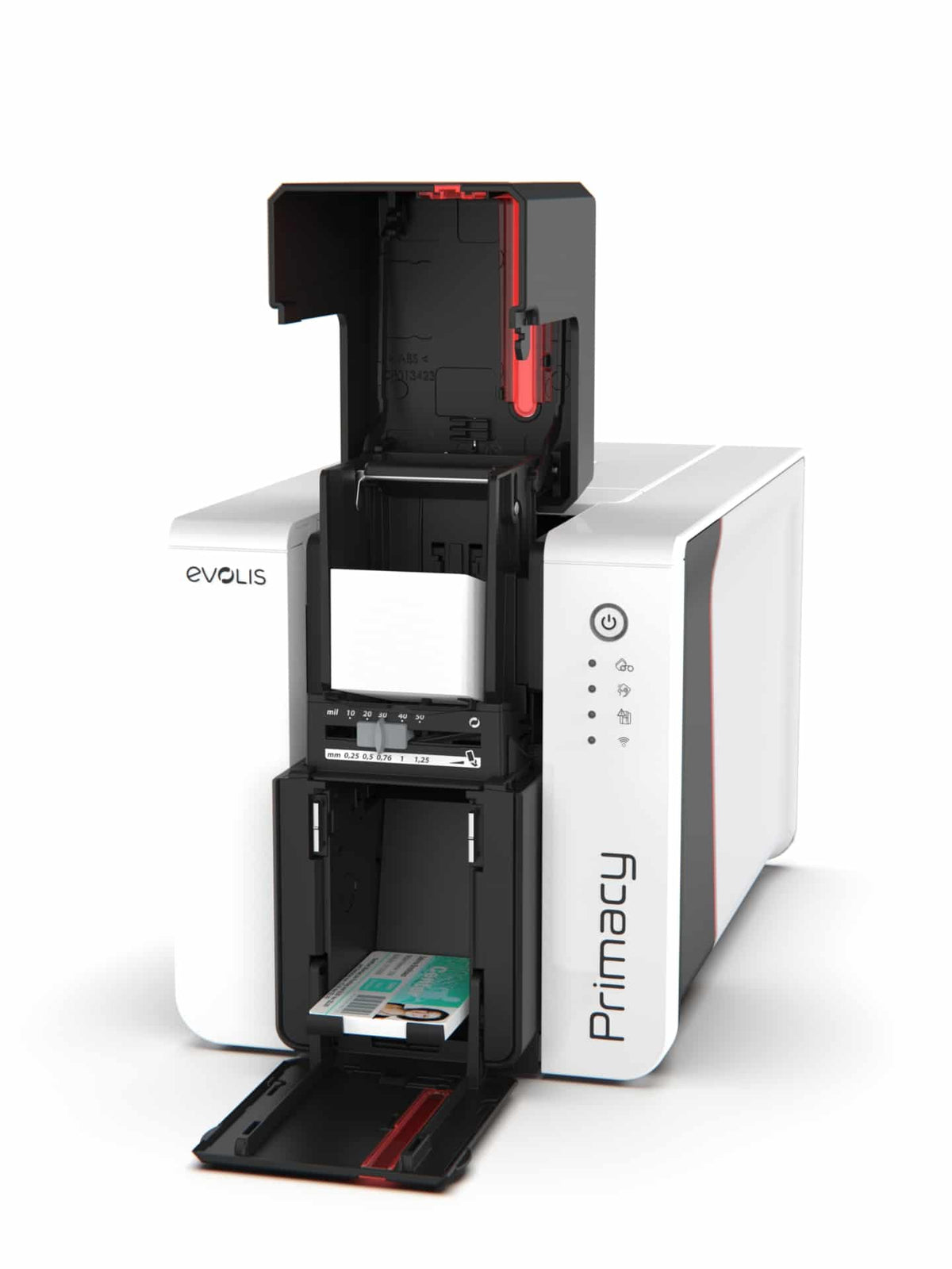 Evolis Primacy 2 plastic card printer, dual-sided, LED panel, USB + Ethernet, 300 dpi, dye sublimation / thermal transfer (PM2-0025-E) – card feeder and output hopper open