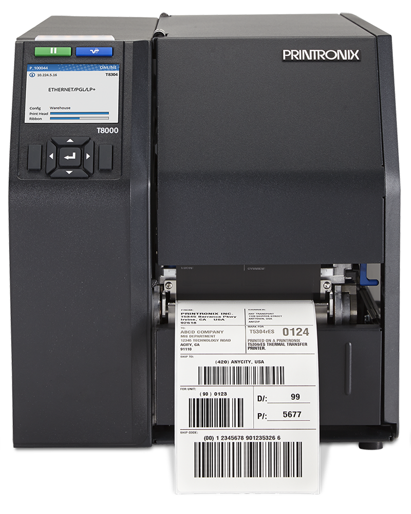Printronix Auto ID T8304 industrial label printer, 4-inch, tear-off, 300 dpi, thermal transfer (T83X4-3100-0) – front view