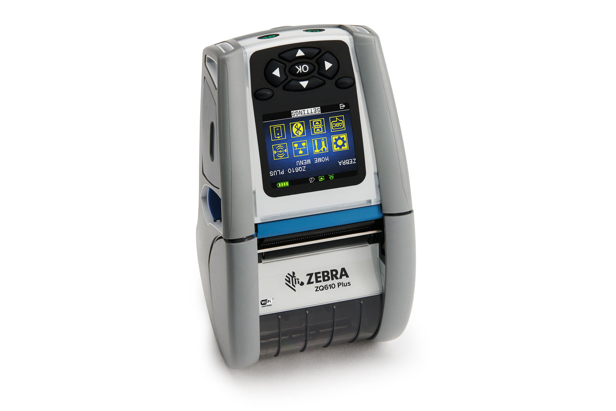 Zebra ZQ610 Plus Healthcare mobile receipt and label printer, white, Wi-Fi 6 + Bluetooth (ZQ61-HUXAE04-00) – front 3/4 view