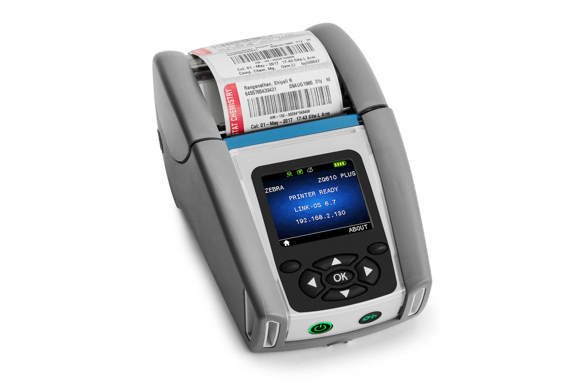Zebra ZQ610 Plus Healthcare mobile receipt and label printer, white, Bluetooth (ZQ61-HUFAE04-00) – printing a wristband label