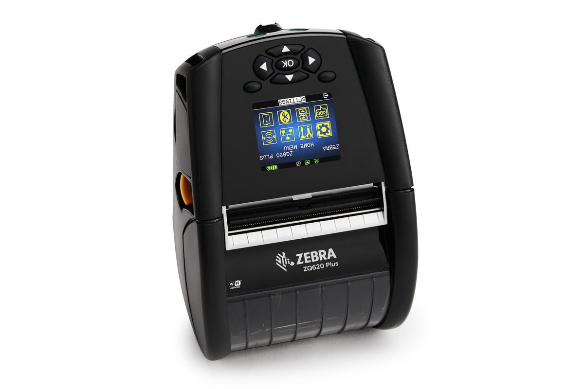 Zebra ZQ620 Plus mobile receipt and label printer, black, Wi-Fi 6 + Bluetooth (ZQ62-AUXAE14-00) – front view