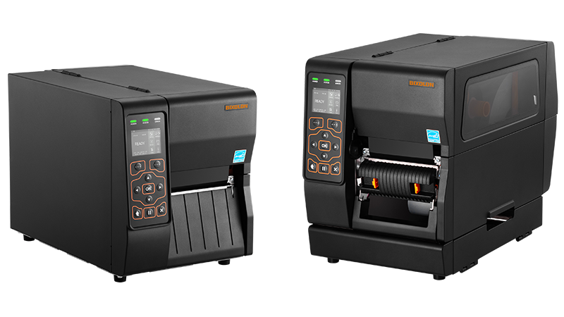 BIXOLON XT3-43 industrial label printer, 2.4-inch colour LCD, peeler and internal rewinder, 300 dpi, thermal transfer (XT3-439) – shown next to the standard model (right: peeler and rewinder version)