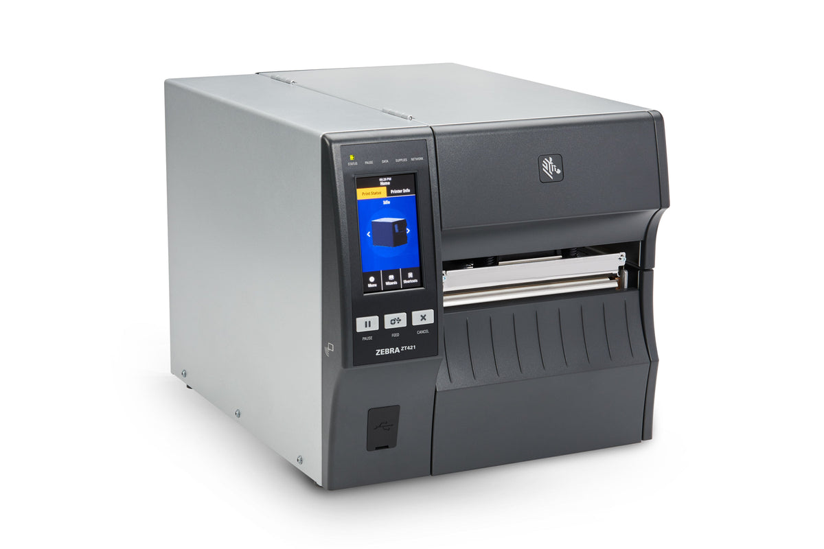 Zebra ZT421 industrial label printer, tear-off, 300 dpi, thermal transfer (ZT42163-T0E0000Z) – angled front view