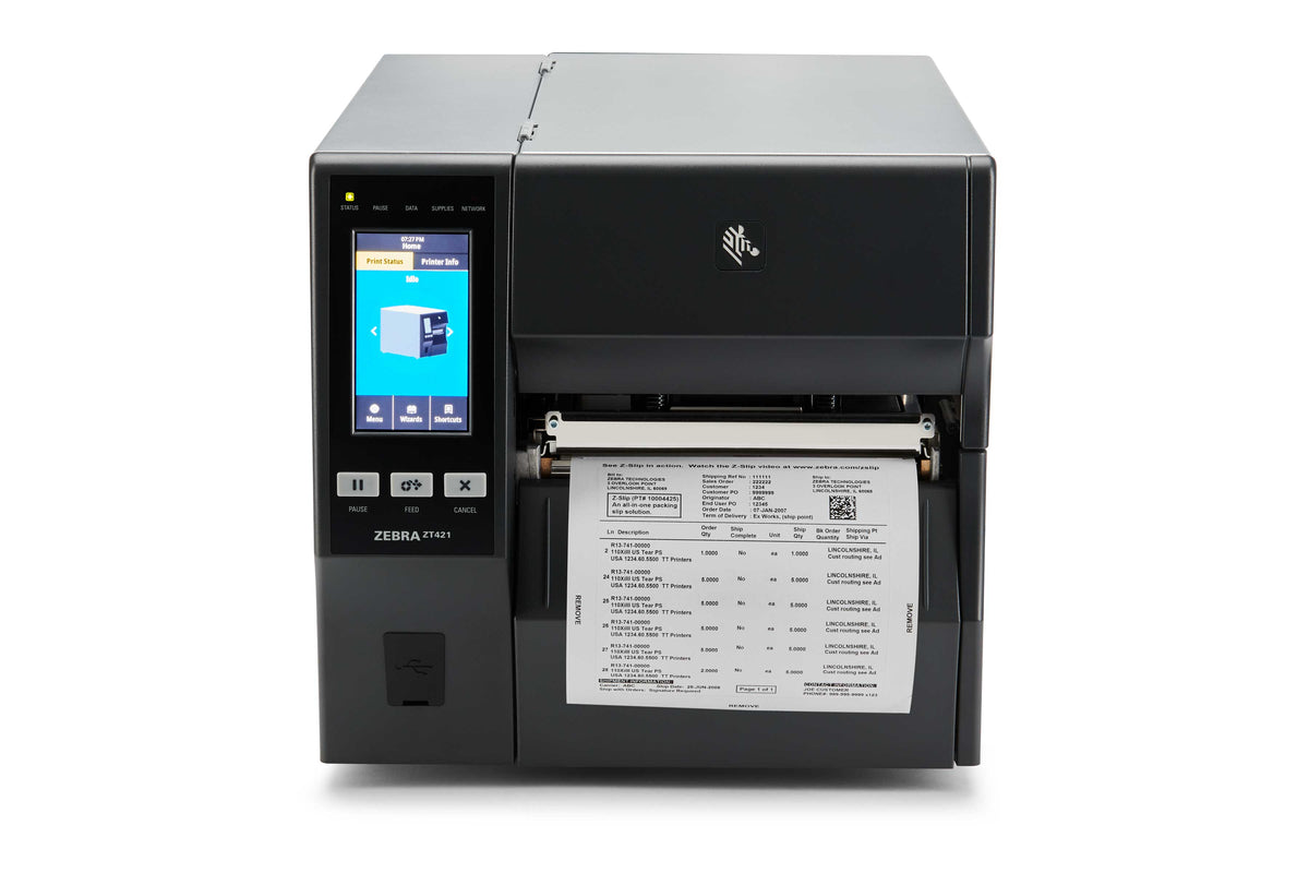 Zebra ZT421 industrial label printer, tear-off, 300 dpi, thermal transfer (ZT42163-T0E0000Z) – front view printing a label