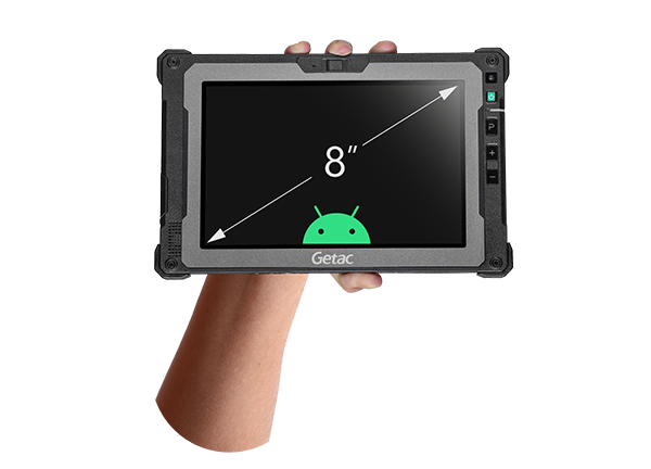 Getac ZX80 8" rugged Android tablet, without barcode scanner (Z8A7LXGX17XC) – held in hand