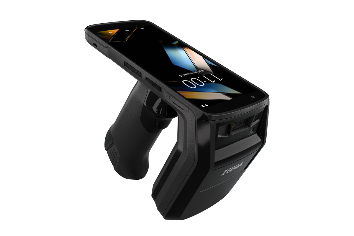Zebra TC22R rugged Android mobile computer, integrated UHF RFID reader (TC2205-0G1250SS-WR) – top angled view with RFID handle